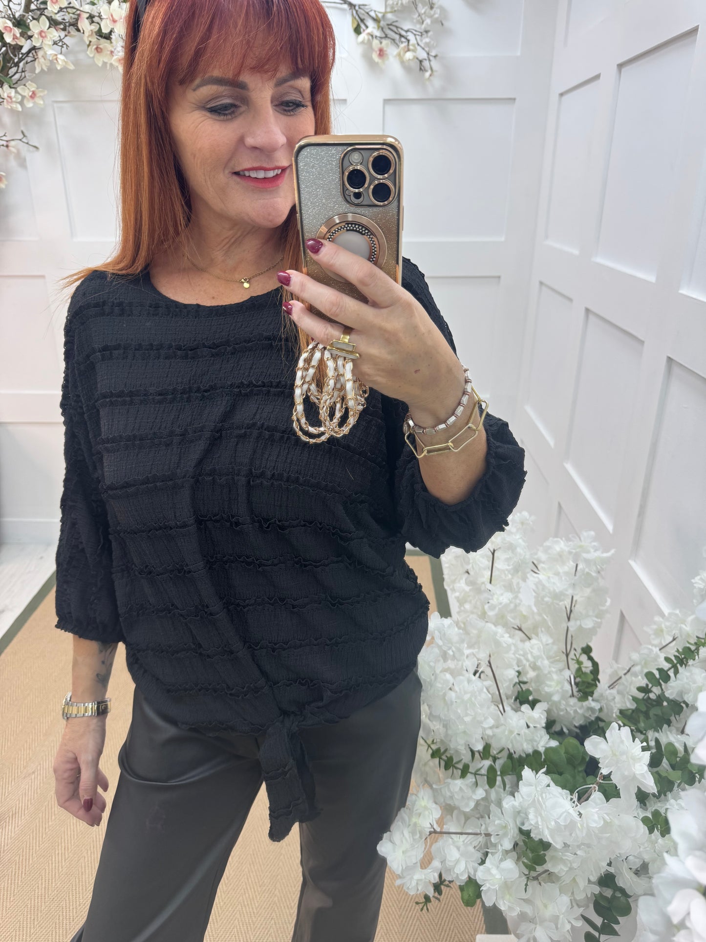 Dorita: Black ruffle & tie top. One size 12-16