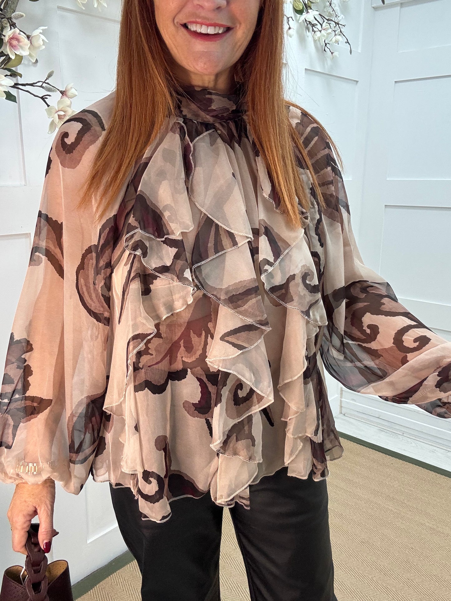 Paloma: Cream & brown abstract sheer ruffle blouse. One size: 10-16