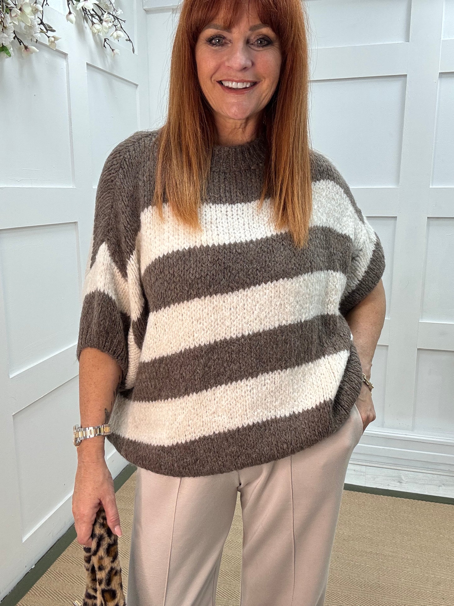 Mabel: Mocha & cream slouchy jumper. One size 12-18/20