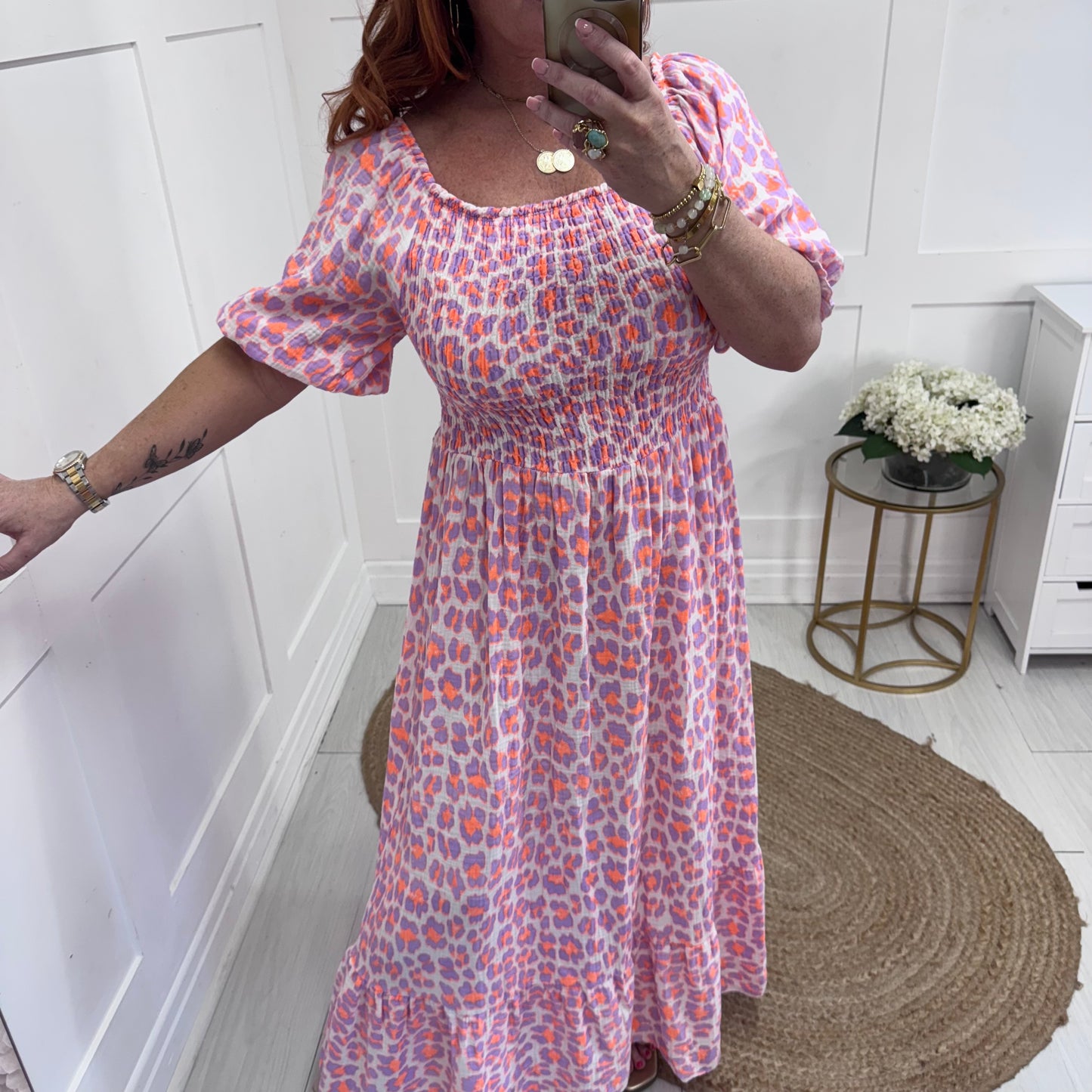 Cici: Lilac & orange leopard print stretchy maxi dress. One size: 10-22
