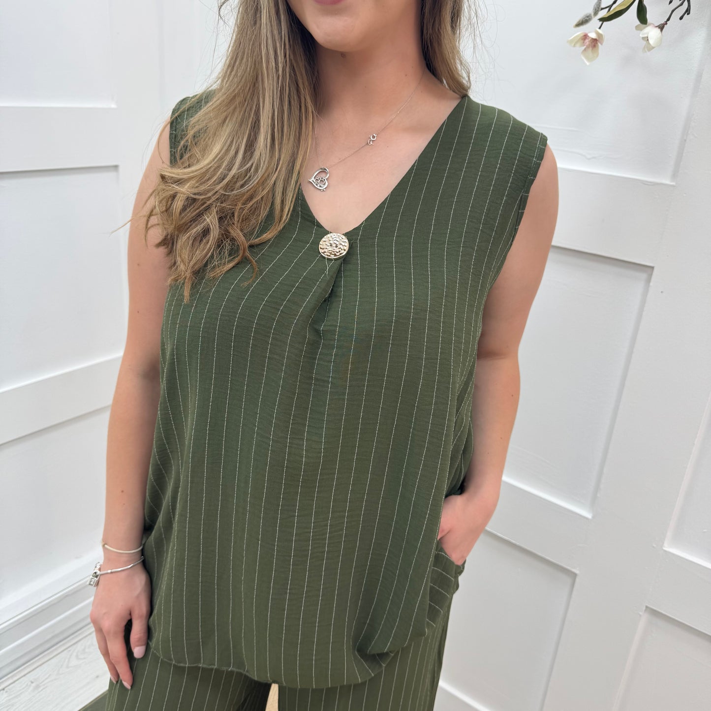 Sasha: Khaki pinstripe v neck top. One size: 16-22