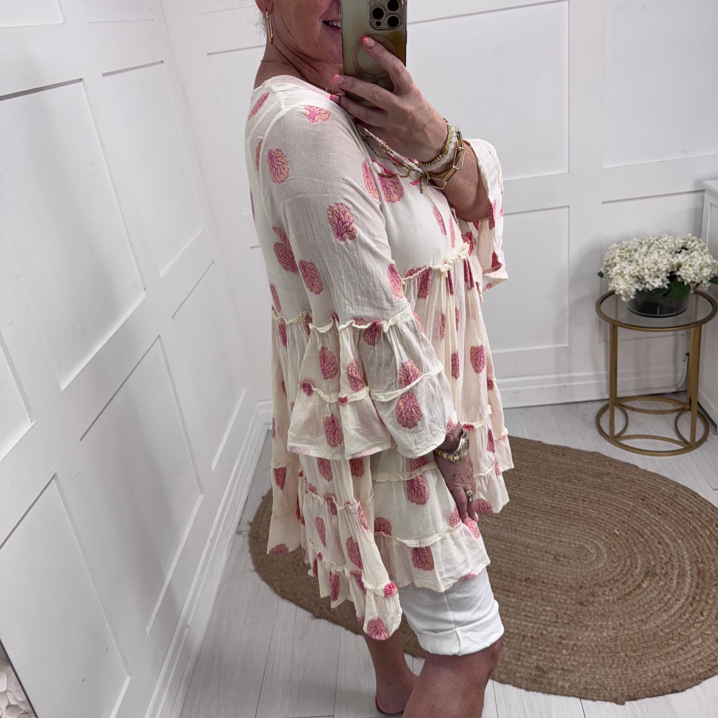 Lilia: Cream shell & embroidery tunic dress. One size: 12-16