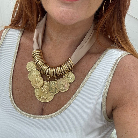 Petra: Blush & gold coin scarf statement necklace