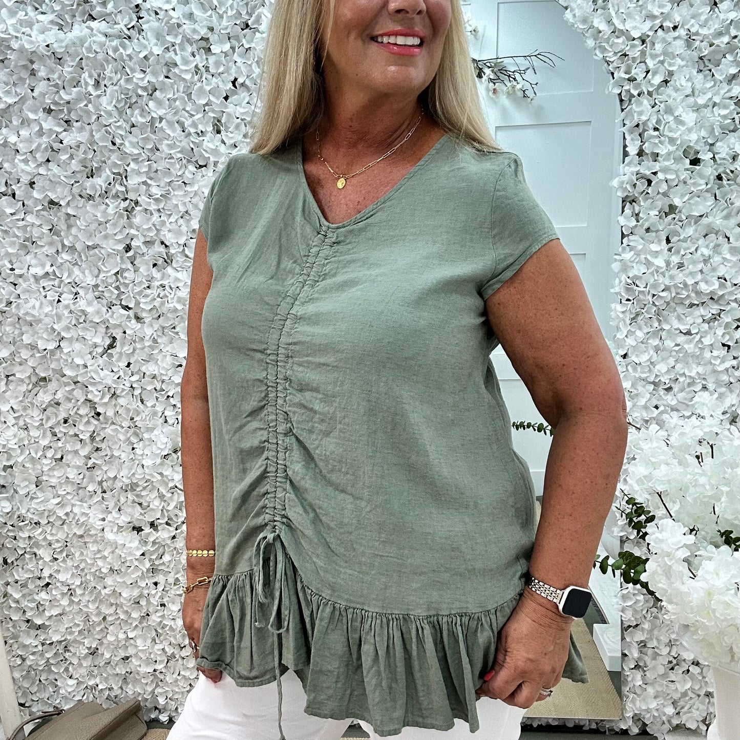 Miranda: Khaki linen ruched pull vest top. One size: 14-20