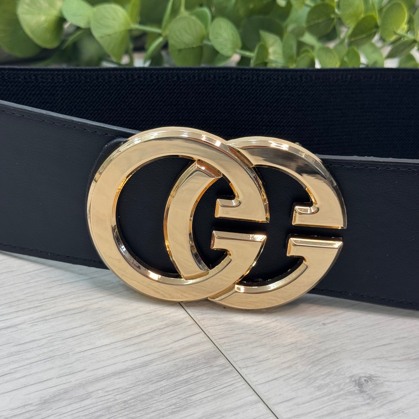 Calla: Black gold GG buckle wide belt. One size: 8-16