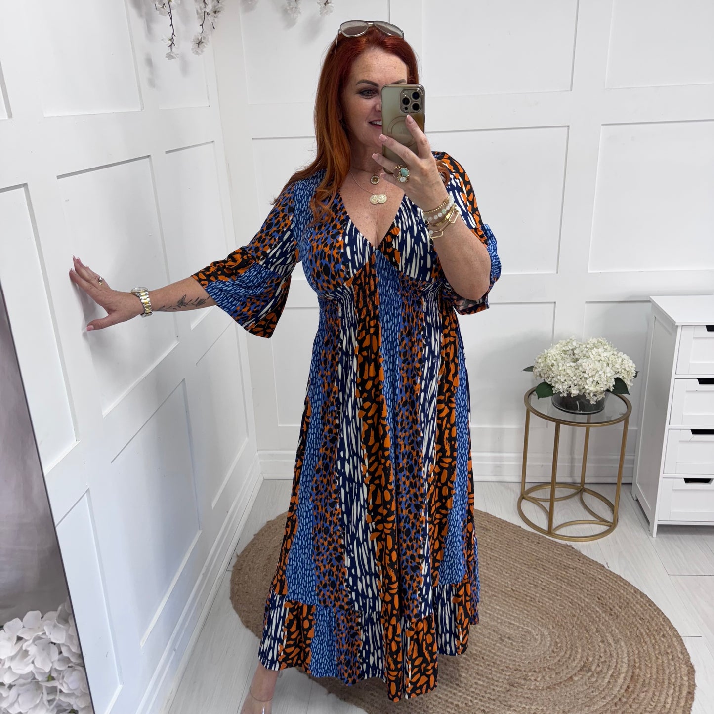 Mirrie: Blue & orange print maxi dress. 3 sizes