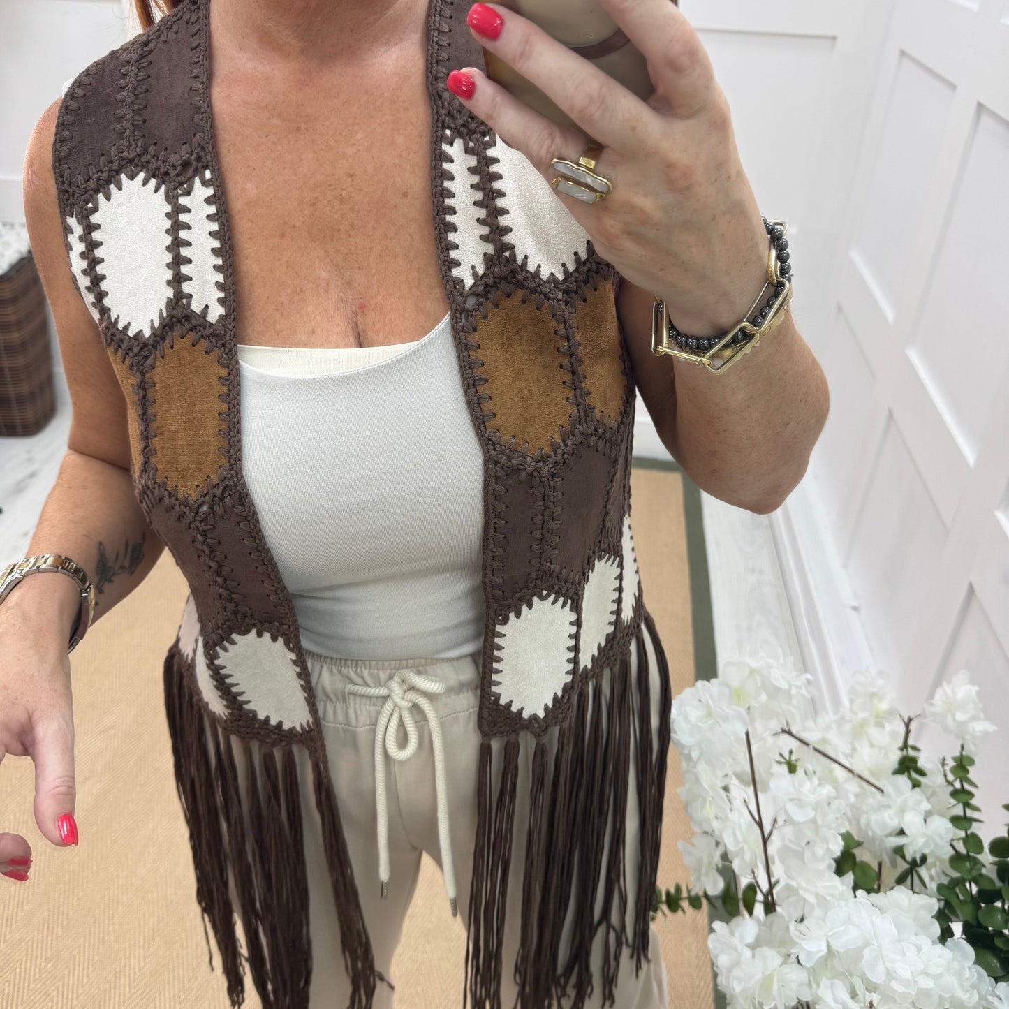 Gigi: Brown suedette & tassel waistcoat. One size: 8-14