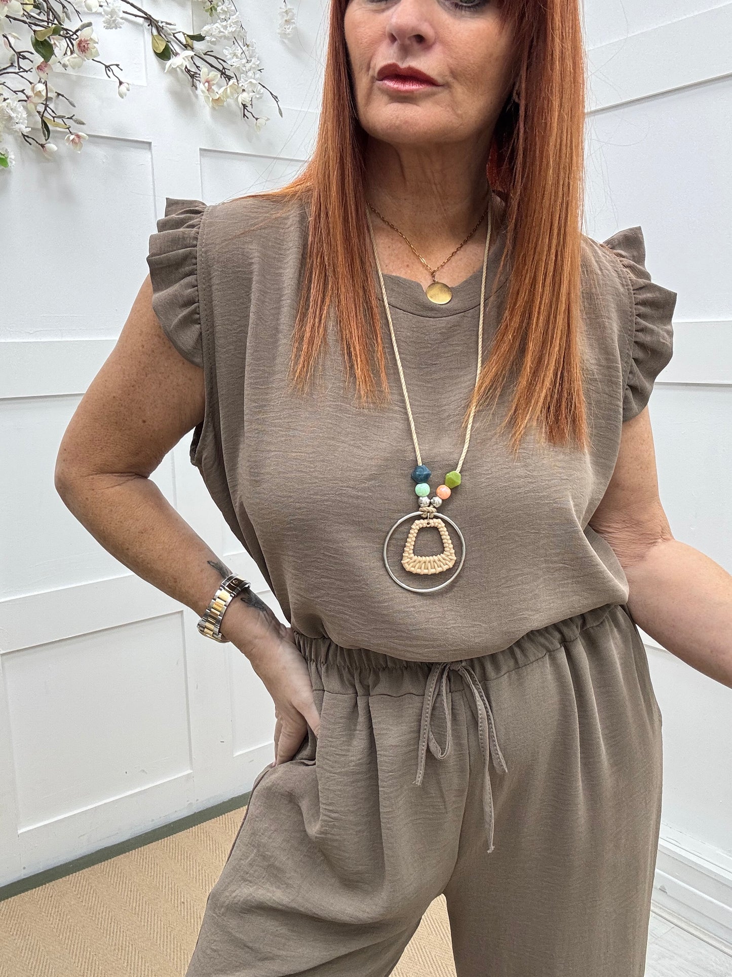 Ember: Mocha frill sleeve top & pendant. One size: 14-20