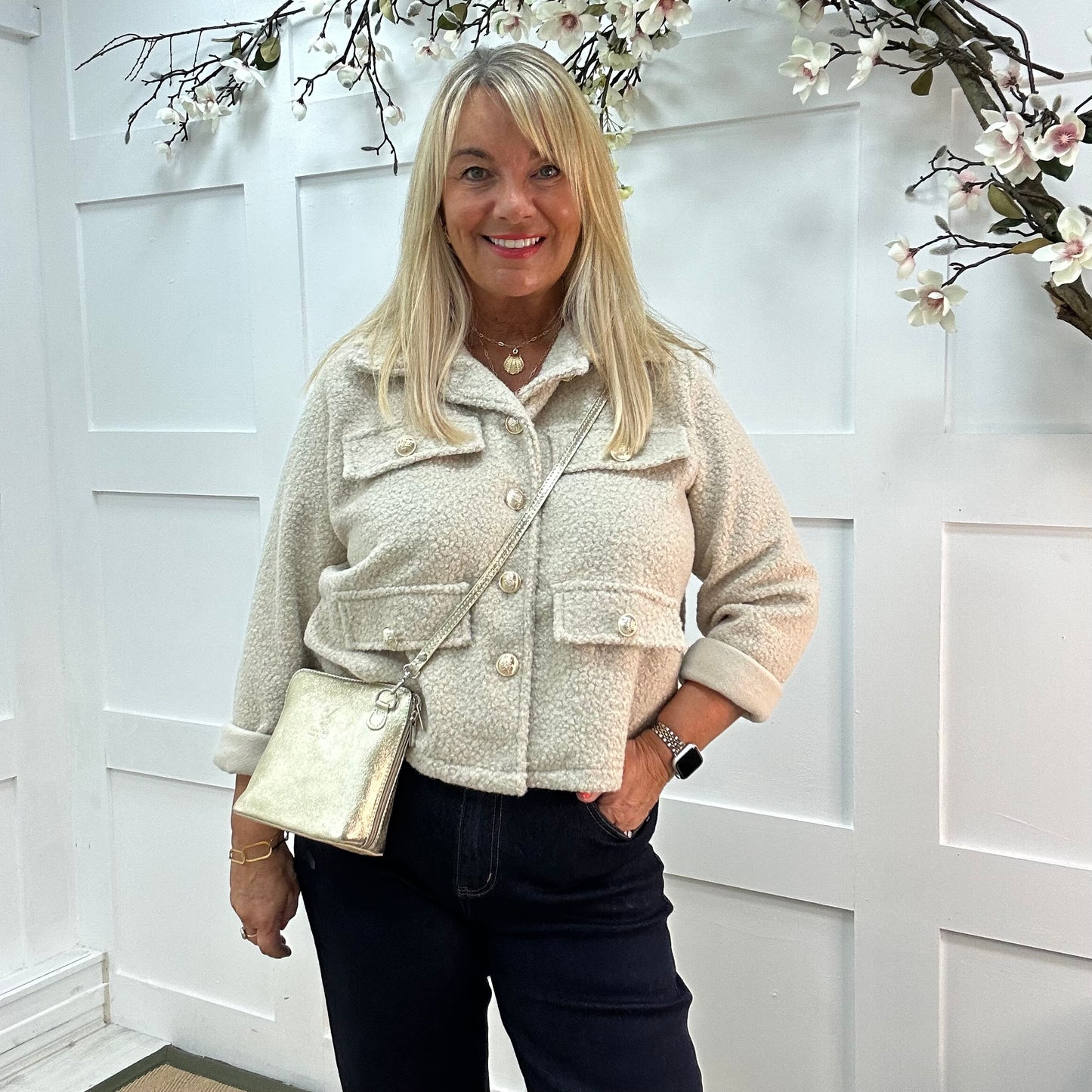 Bridget: Cream short boucle button jacket. One: 12-20