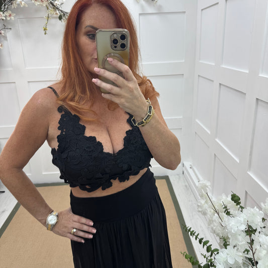 Lacey: Black applique crop bralette. One size 8-14