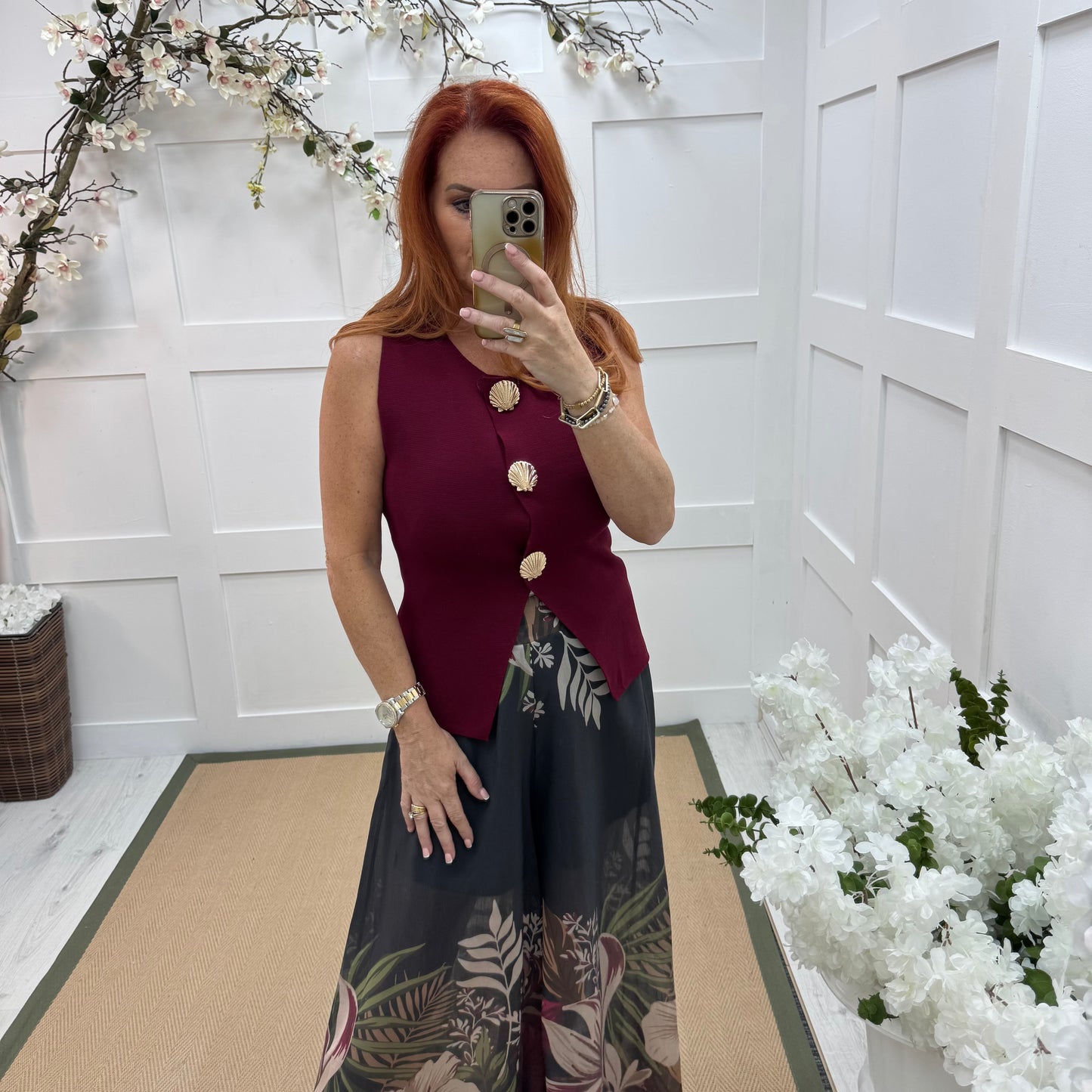 Lyra: Black tropical print wide leg sheer trousers. One size: 8-14