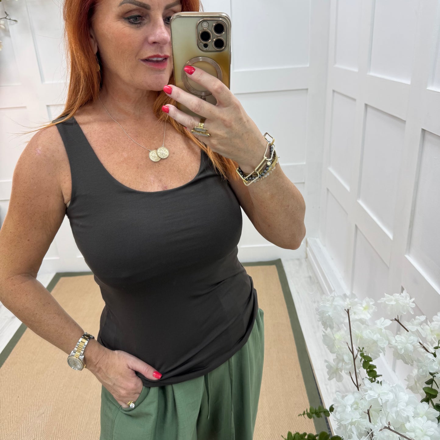 Abigail: Stretchy basic brown vest top. 2 sizes