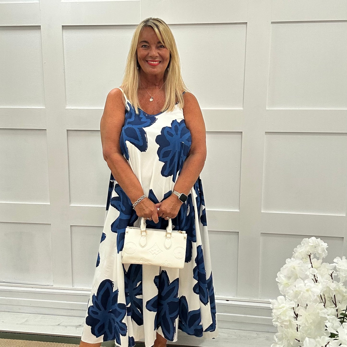 Helena: Blue big flower maxi dress. One size: 14-22
