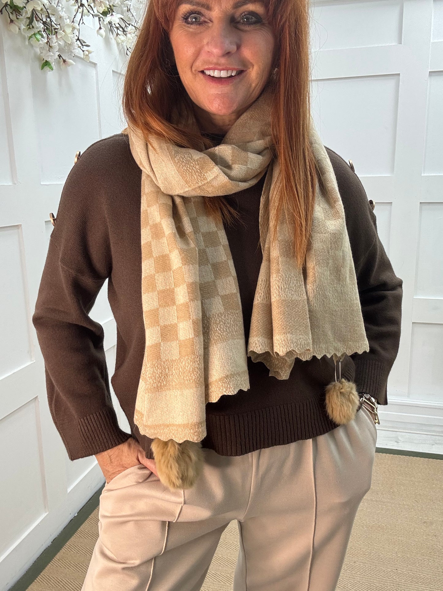 Elsa: Sand & cream designer inspired pom pom scarf
