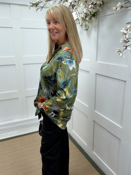 Kiki: Khaki floral print shirt. Sizes: 8-18