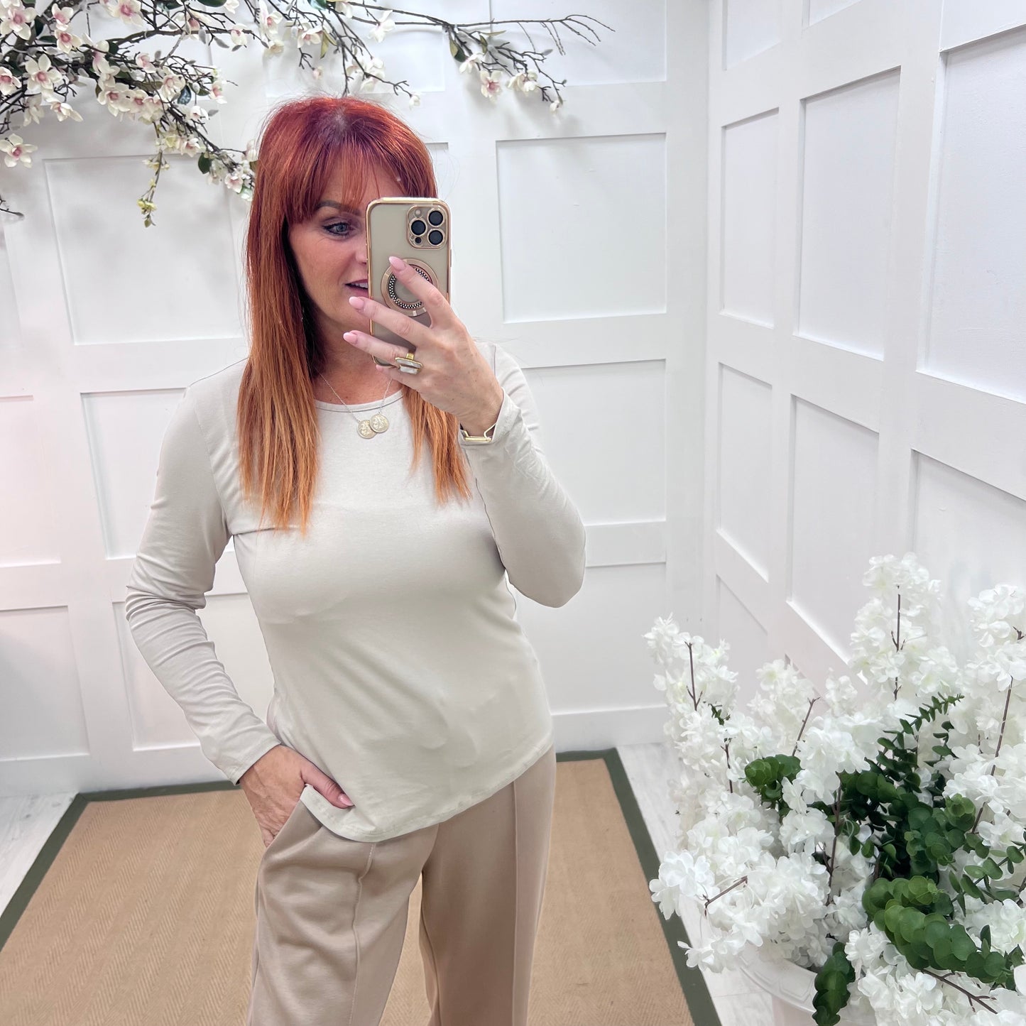 Bessie: Cream basic long sleeve top. One size: 10-16/18