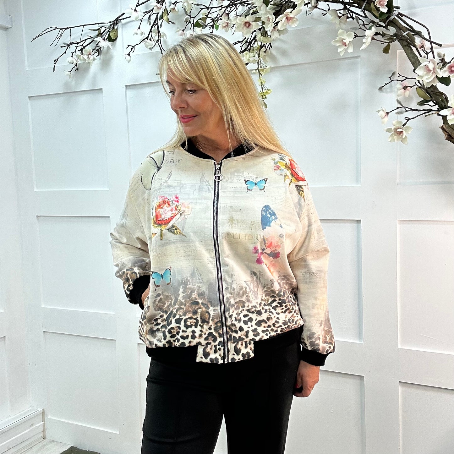 Evelyn: Frida Kahlo print soft feel bomber jacket. One size: 16-20