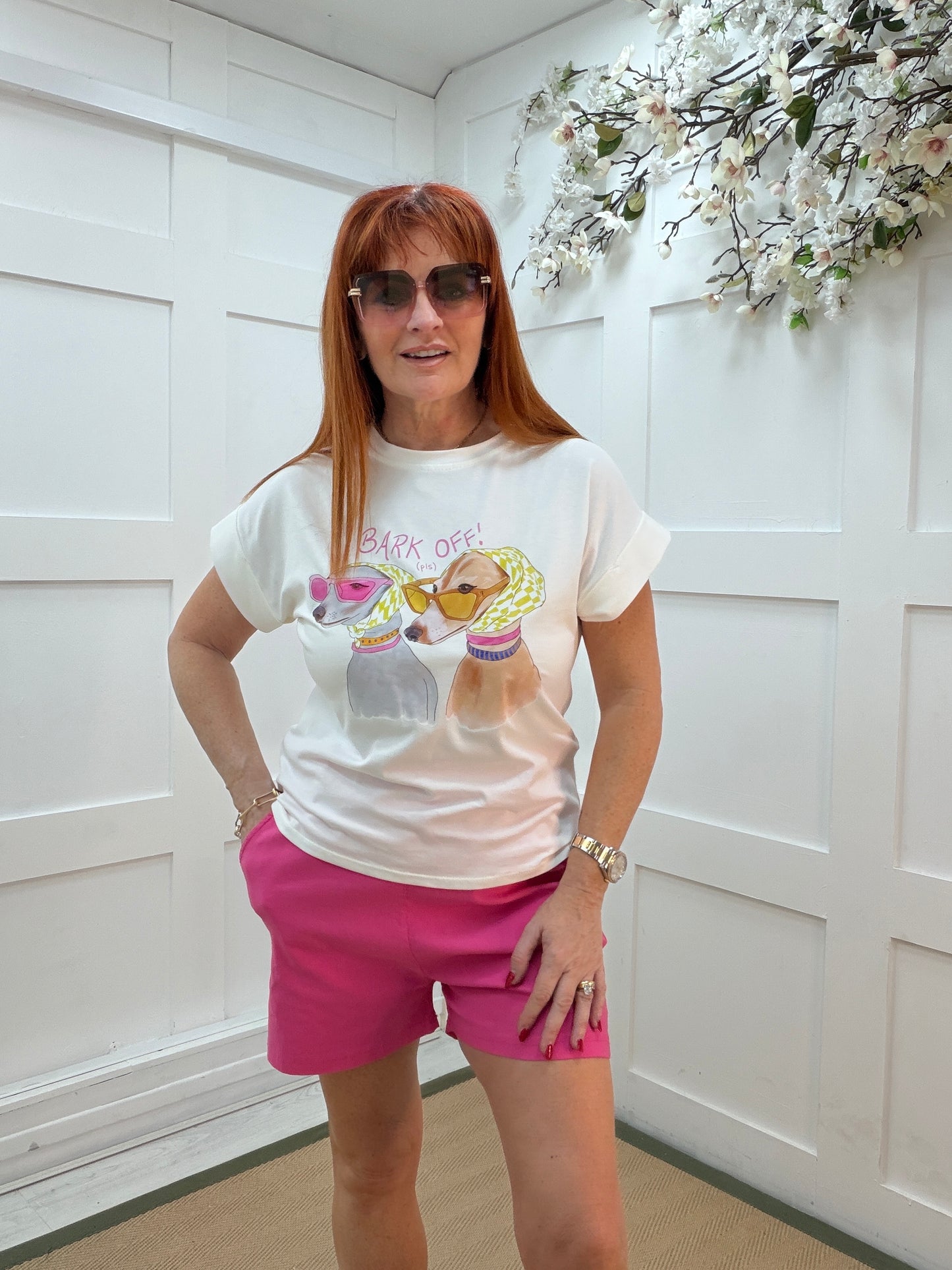 Blake: White “bark off” dog T shirt. One size: 10-14