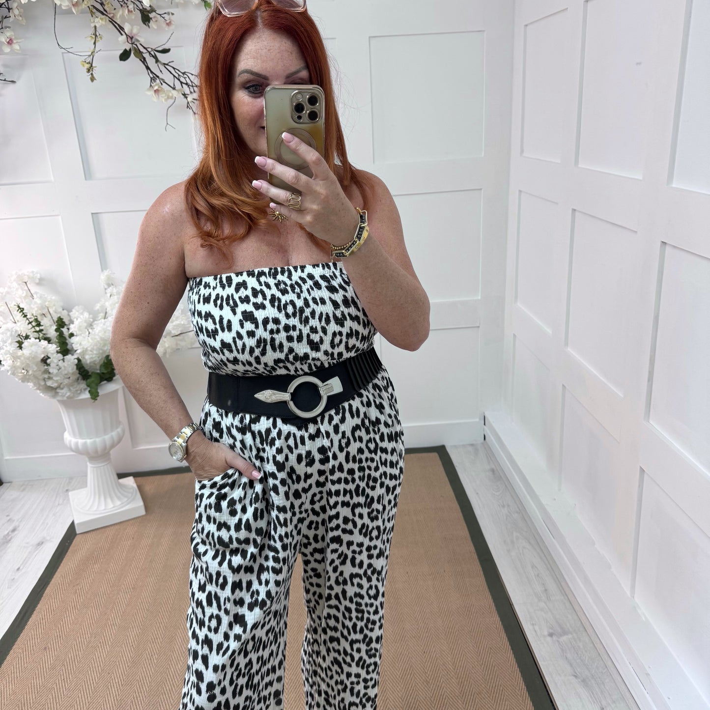 Hollie: Black leopard print wide leg jumpsuit. One size: 12-18