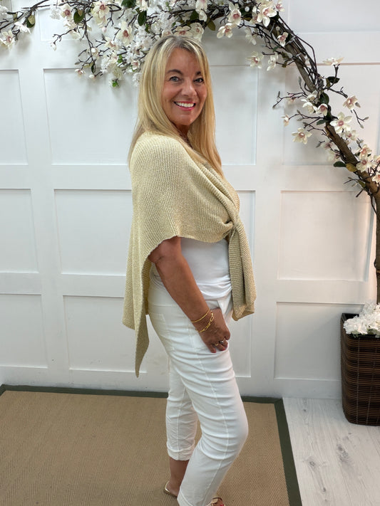Gina: Gold stretchy lurex wrap top. Free size