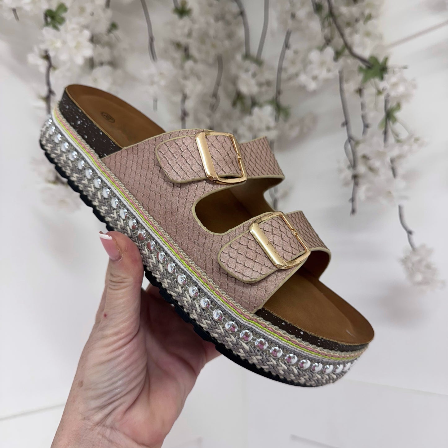 Nadia: Beige 2 strap wedge sliders. Sizes: 3-8
