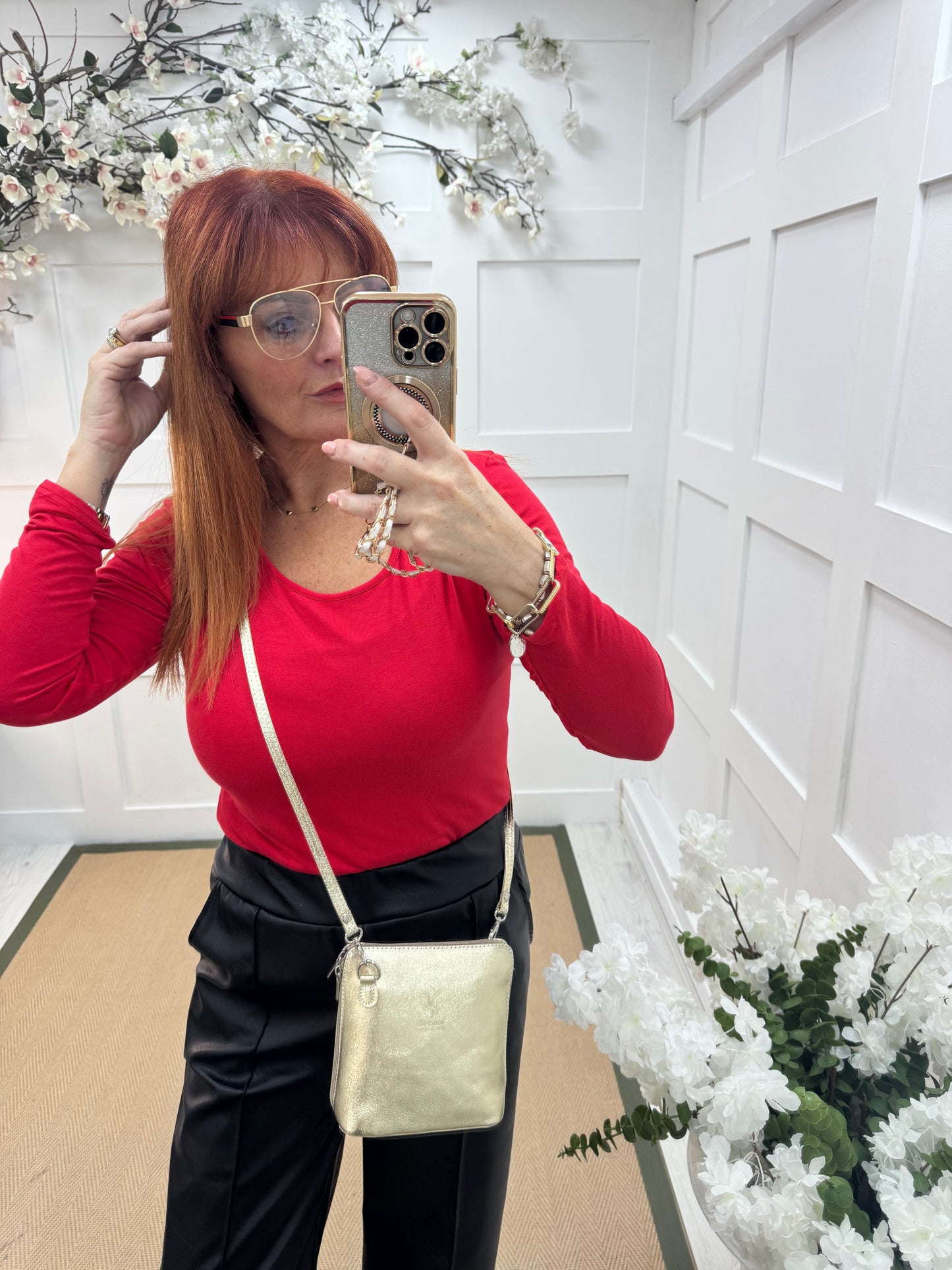 Bessie: Red basic long sleeve top. One size: 10-16/18