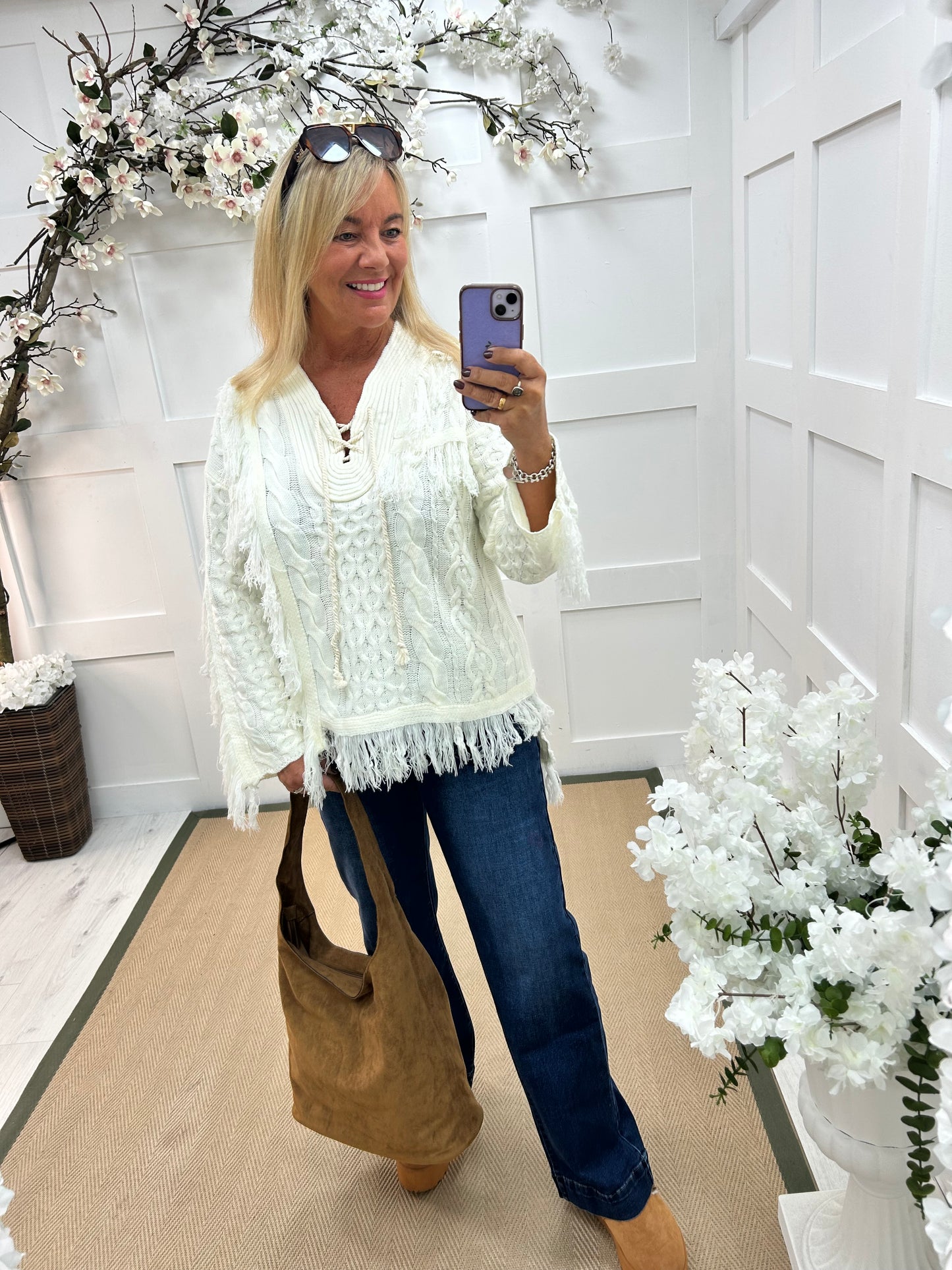 Azalea: Winter white boho knit jumper. One size: 14-20