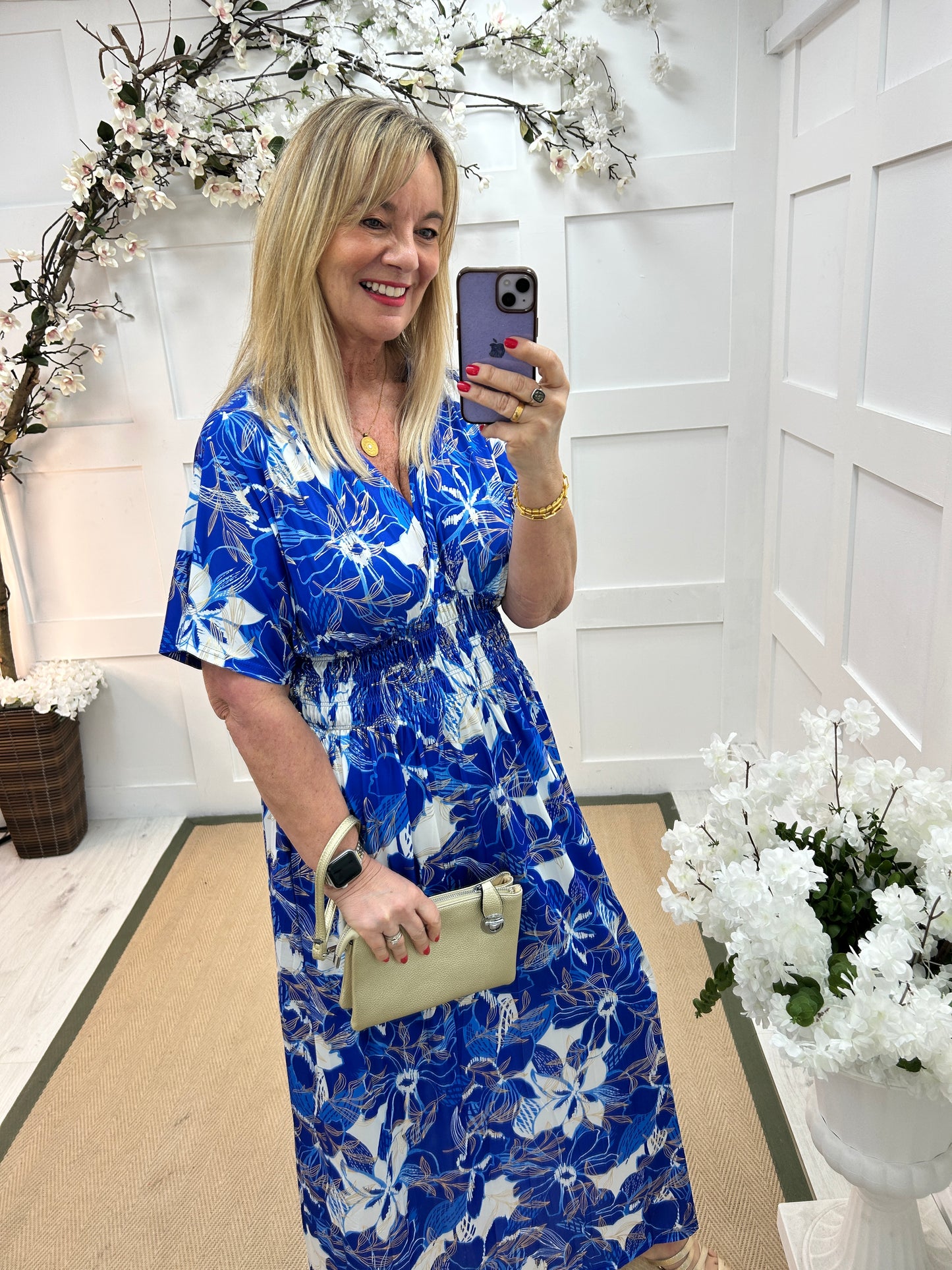 Harriet: Stretchy blue floral maxi dress. One size 12-20