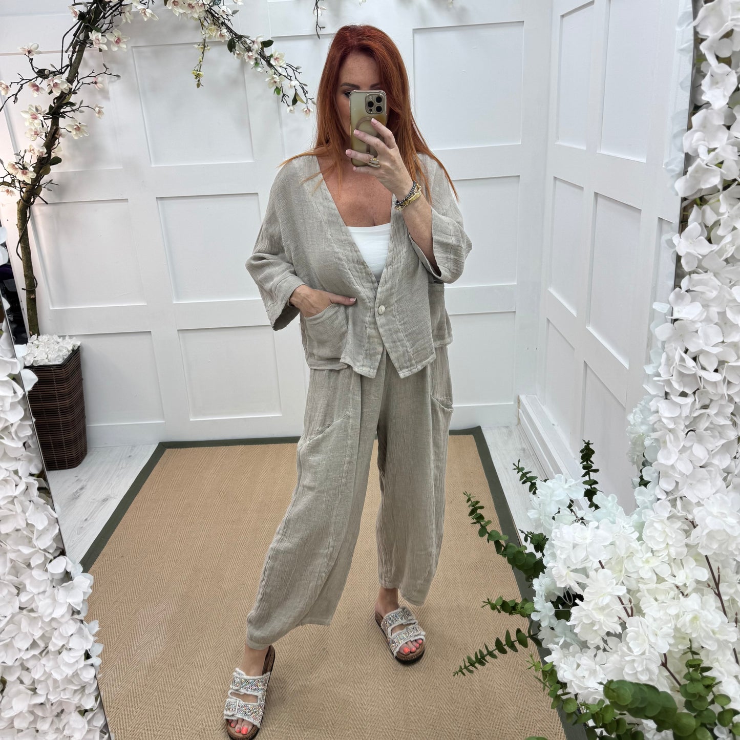 Kelsey: Stone jacket & trouser co-ord set. One size: 14-20/22