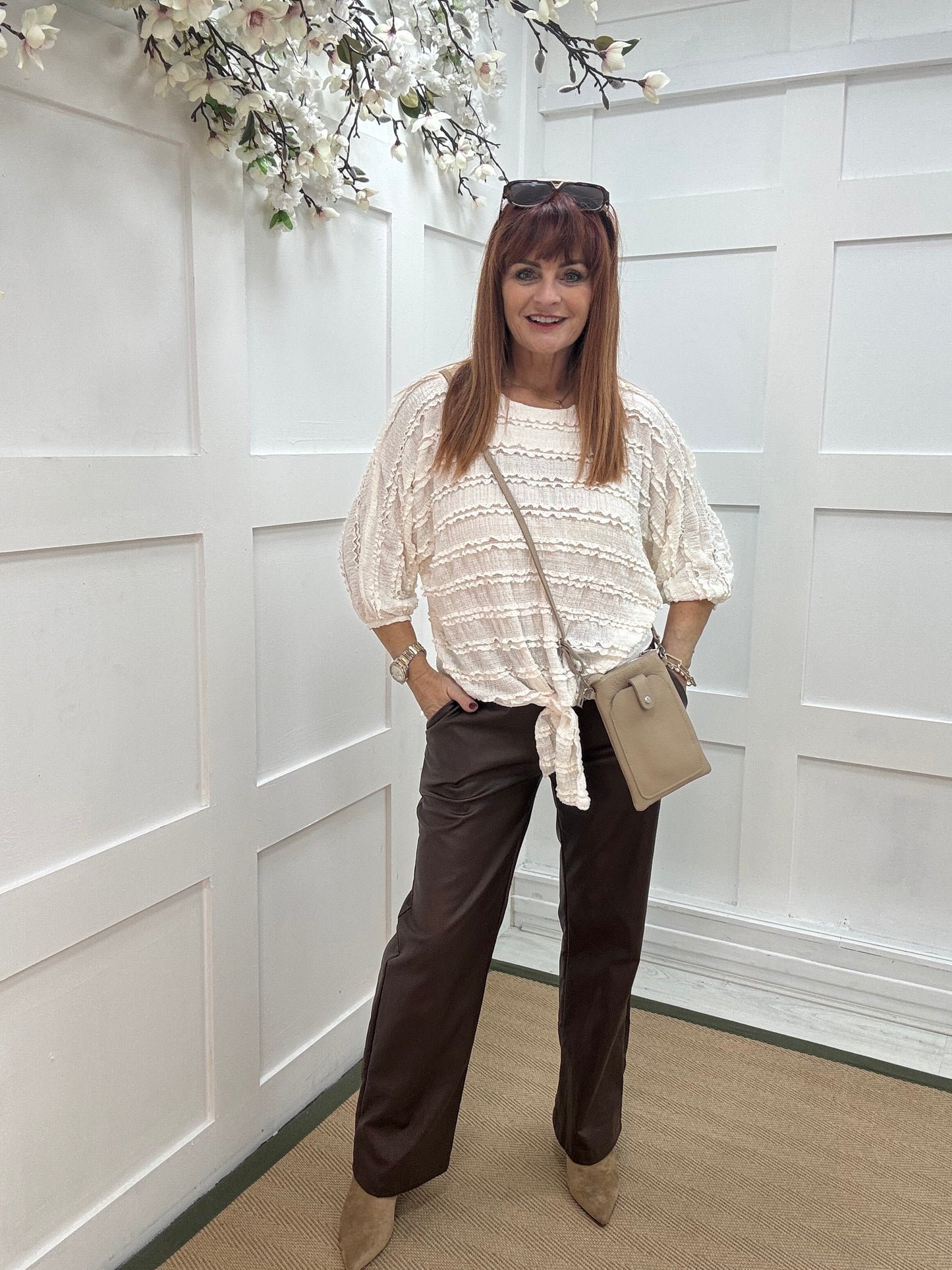 Dorita: White ruffle & tie top. One size 12-16