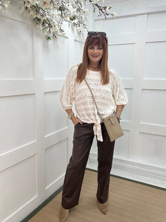 Dorita: White ruffle & tie top. One size 12-16