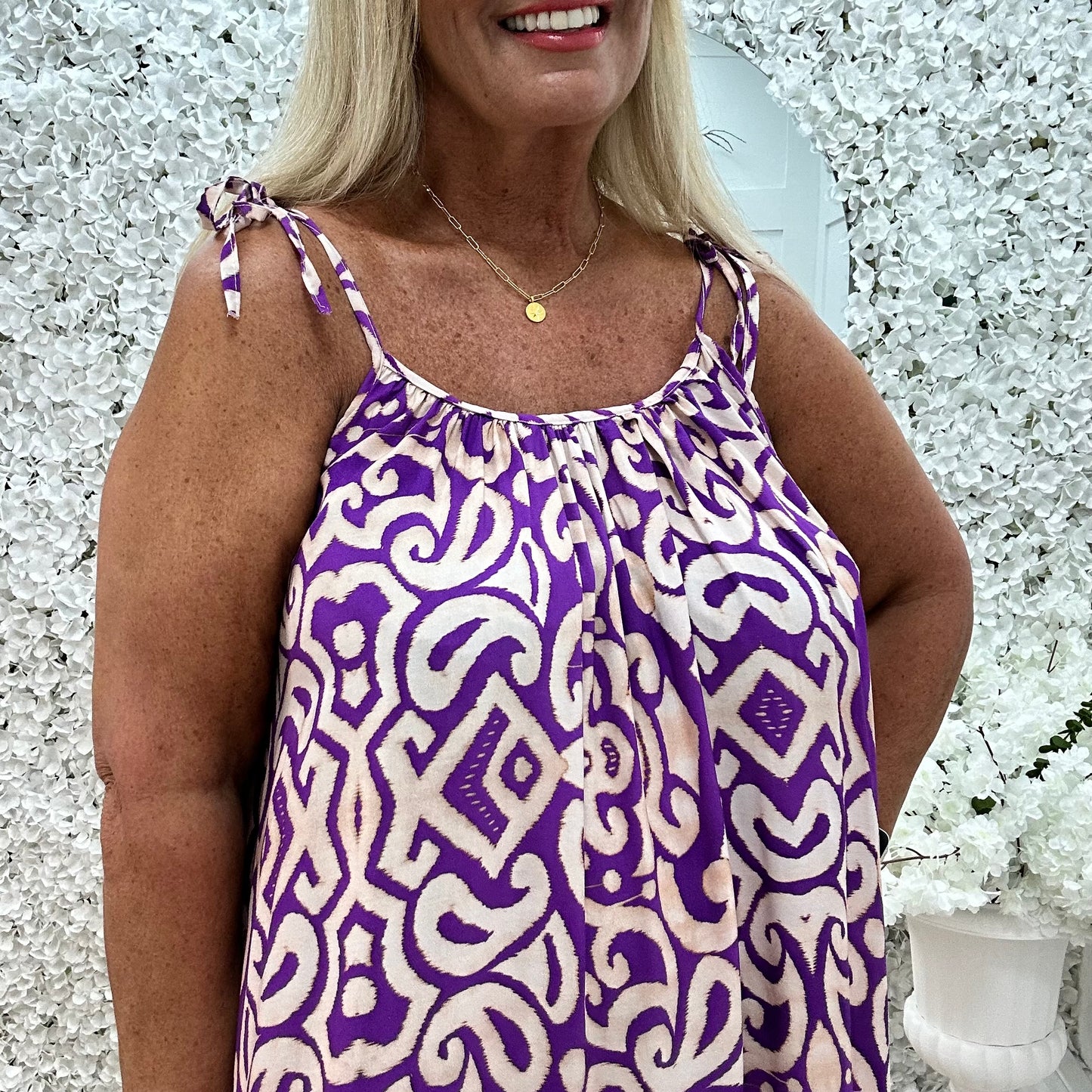 Kandi: Purple abstract print strappy maxi dress. One size 16-22