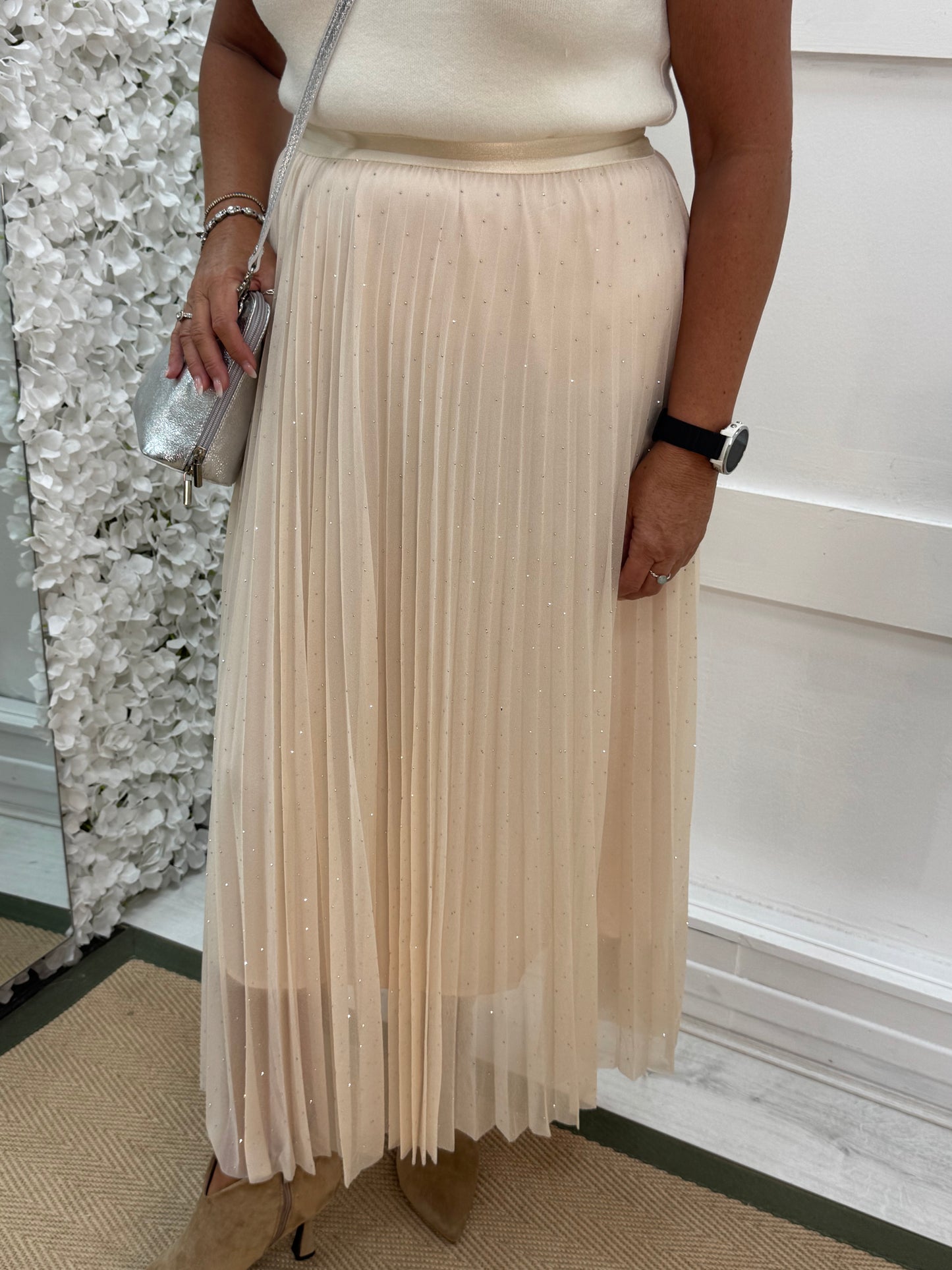Natalie: Cream diamanté maxi skirt. One size 12-16
