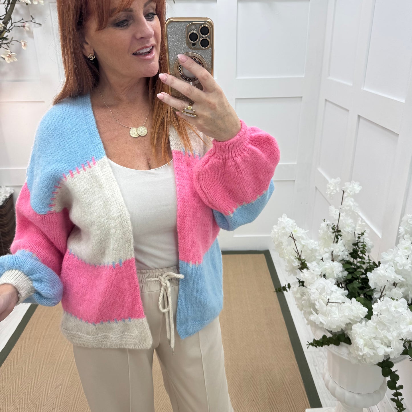 Honey: Blue stripe slouch soft knit cardigan. One size 10-18