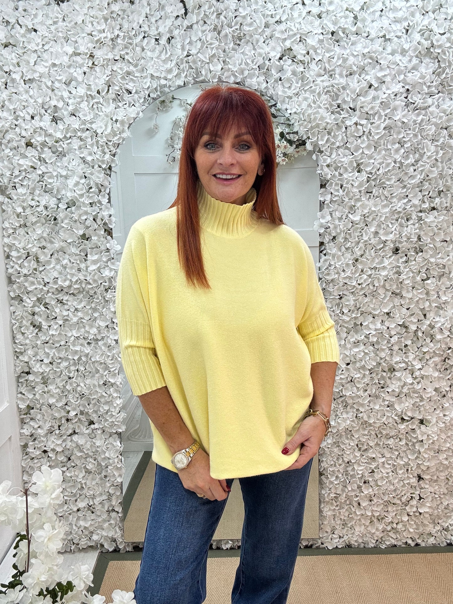 Sammie: Lemon high neck knitted top. One Sz: 12-18