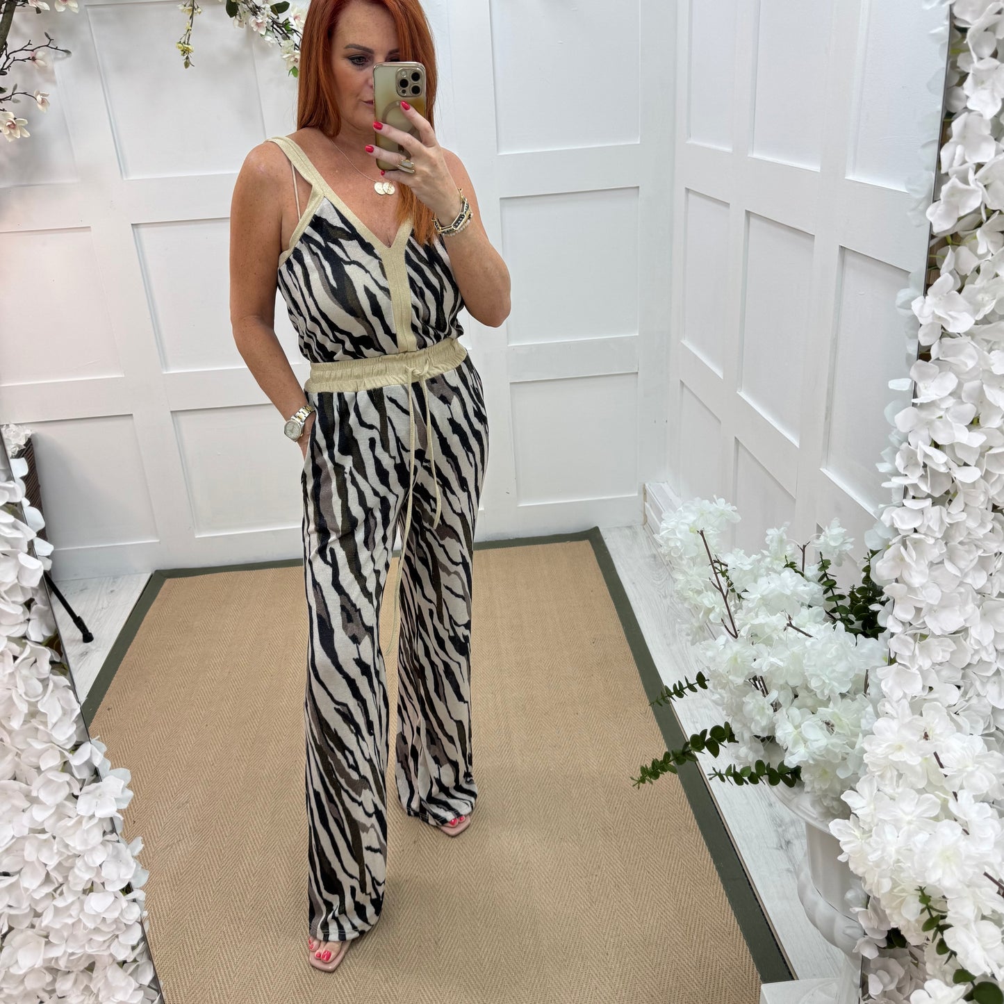 Trinny: Black zebra print top & trouser co-ord set. One size: 10-18