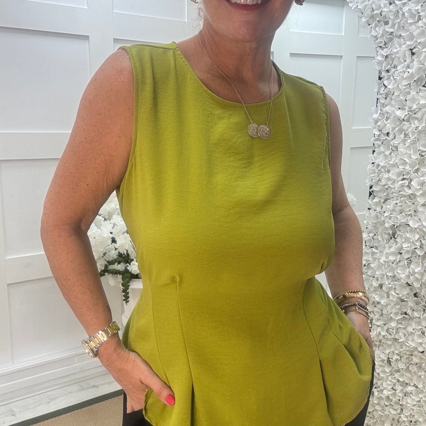 Maisie: Lime tie waist peplum top. One size: 14-18