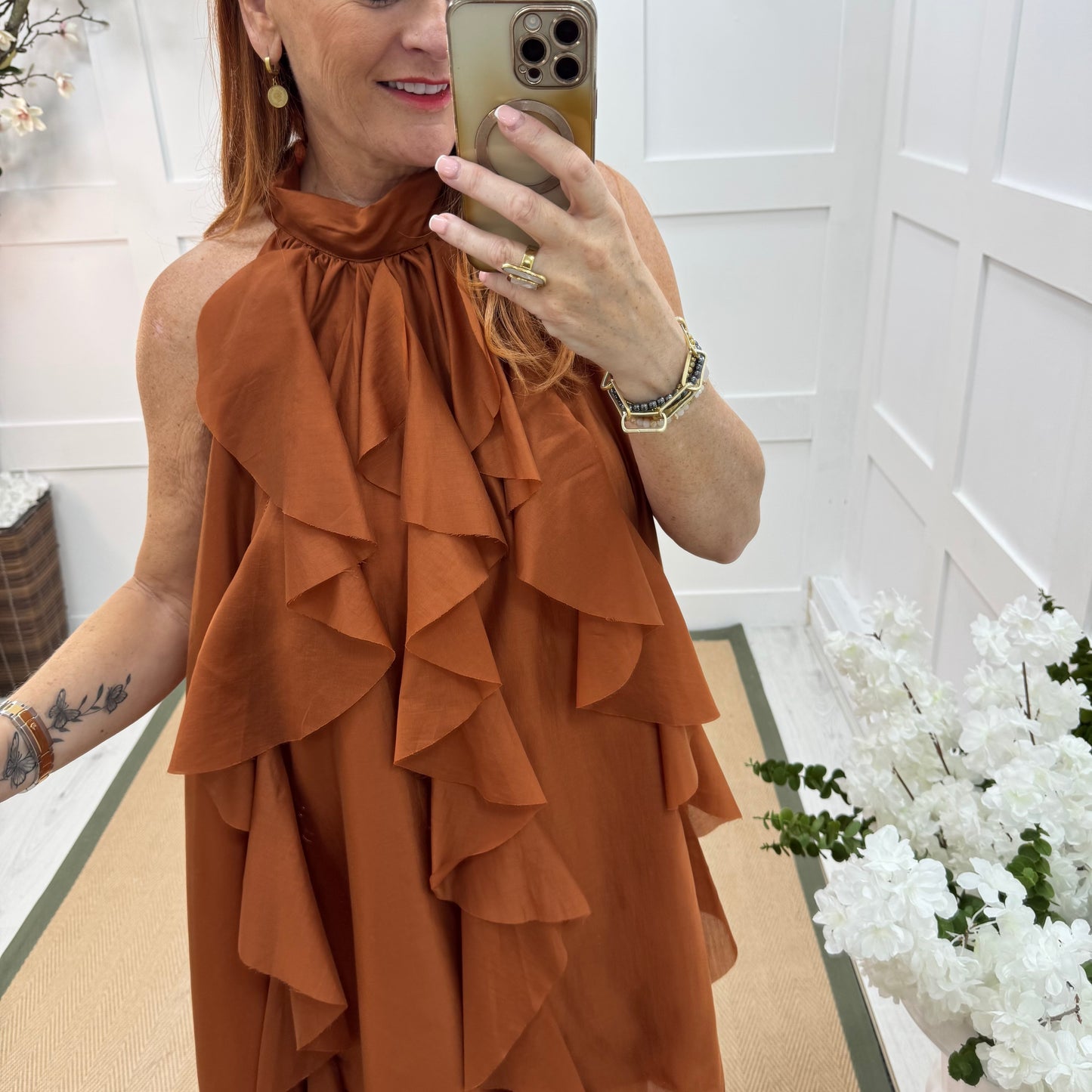 Kiki: Orange ruffle knee length dress. One size 10-16