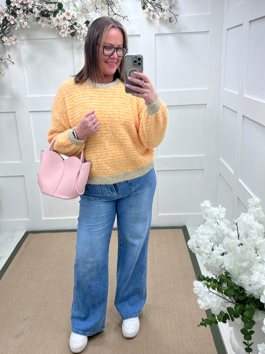 Darcie: Orange & lemon stripe knit top. One Size 14-18