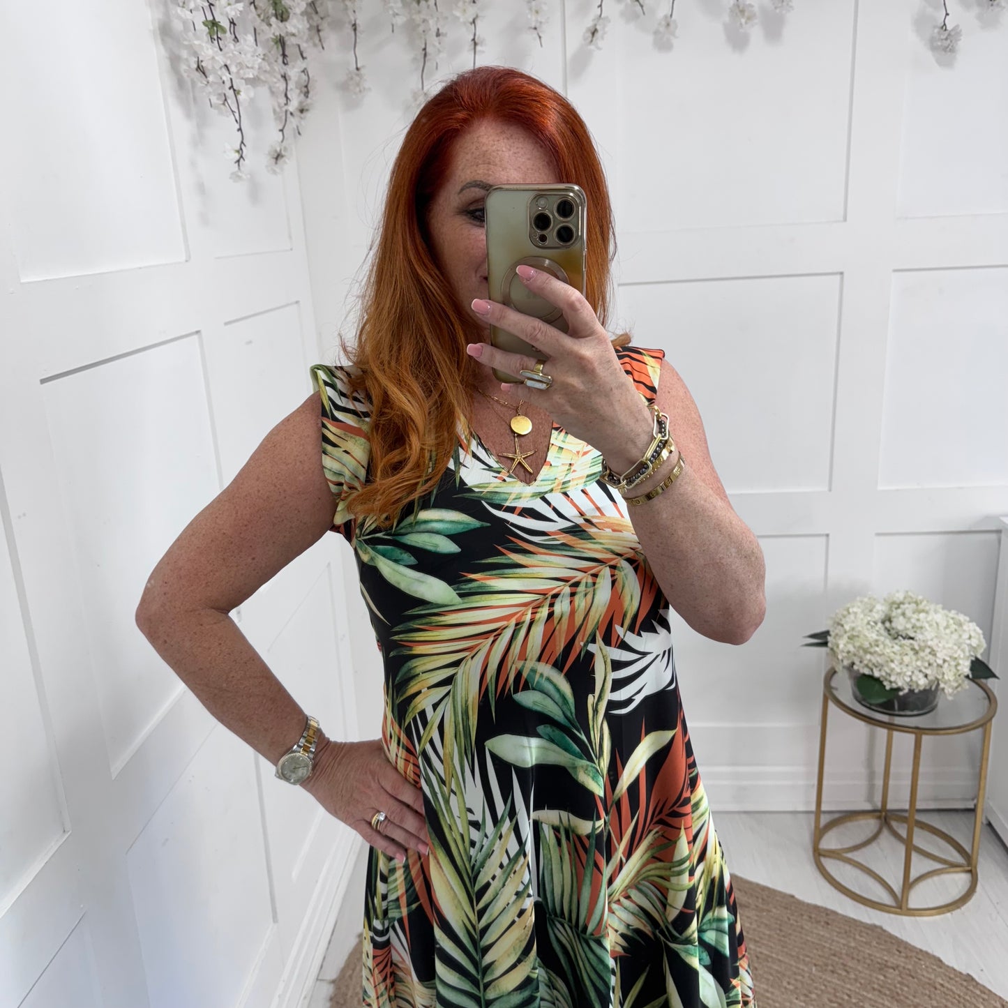 Emerson: Black palm leaf print maxi dress. One size 8-14