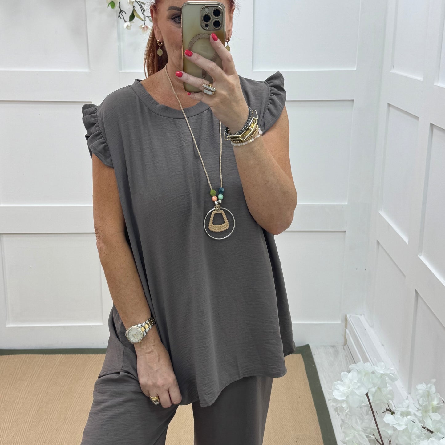 Ember: Taupe frill sleeve top & pendant. One size: 14-20
