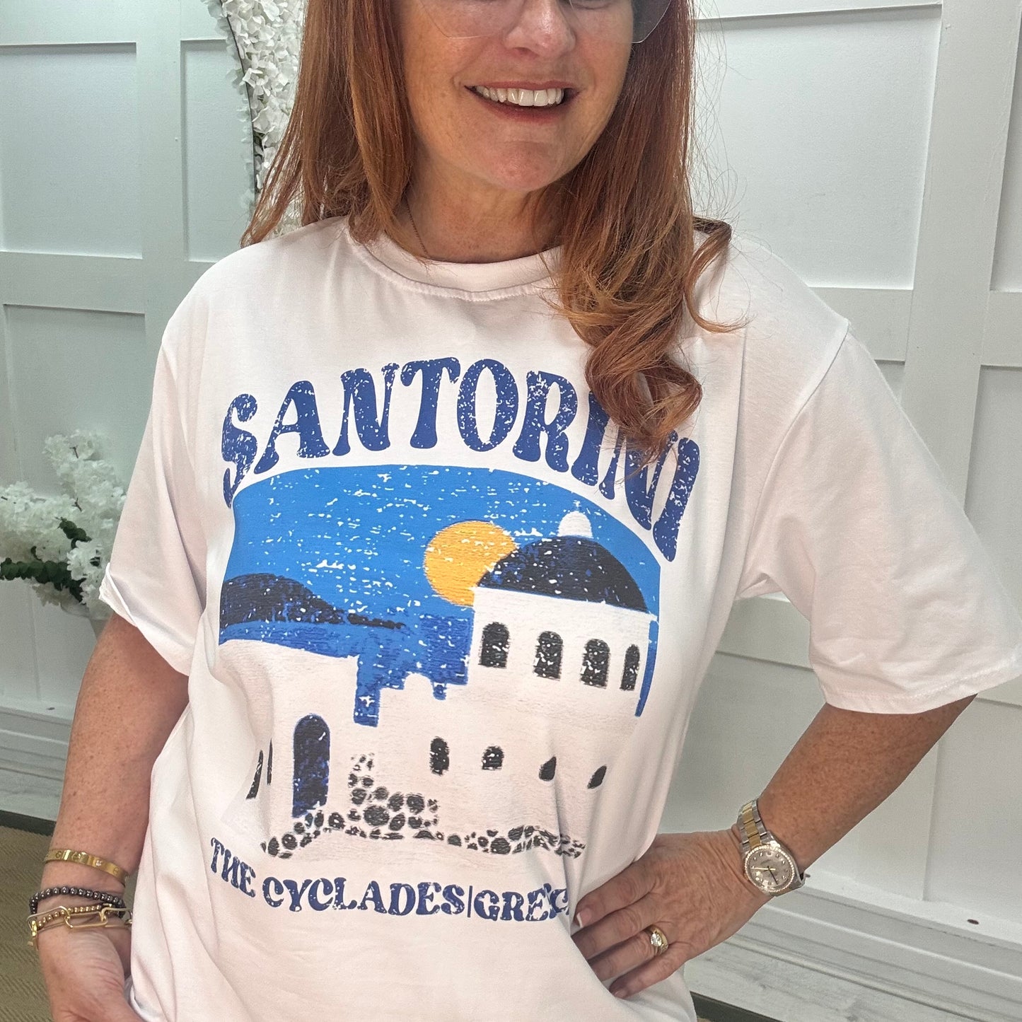 Serena: White & blue Santorini T shirt. One size 14-18