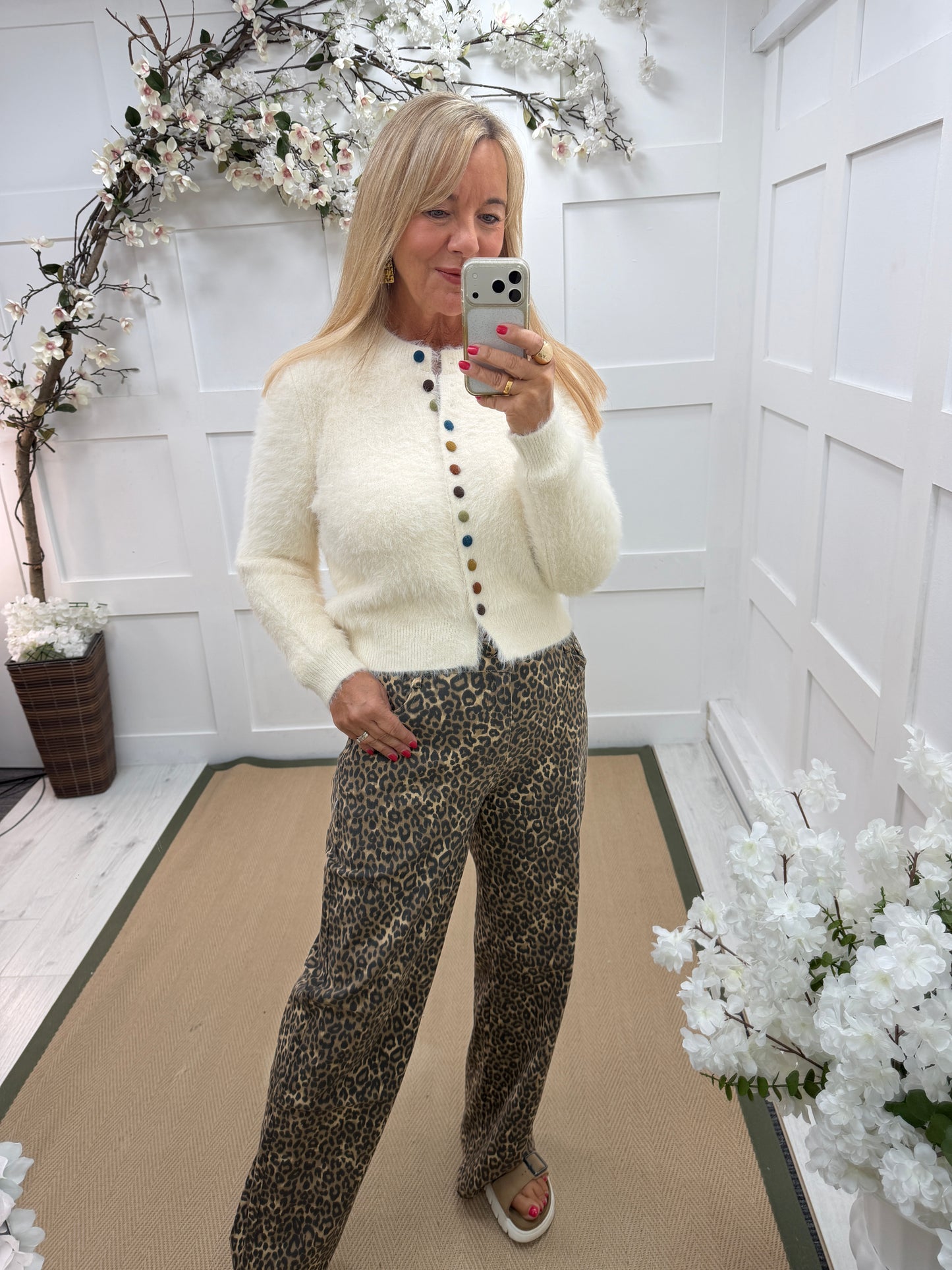 Brianna: Cream multicoloured buttoned fluffy cardigan. 2 sizes