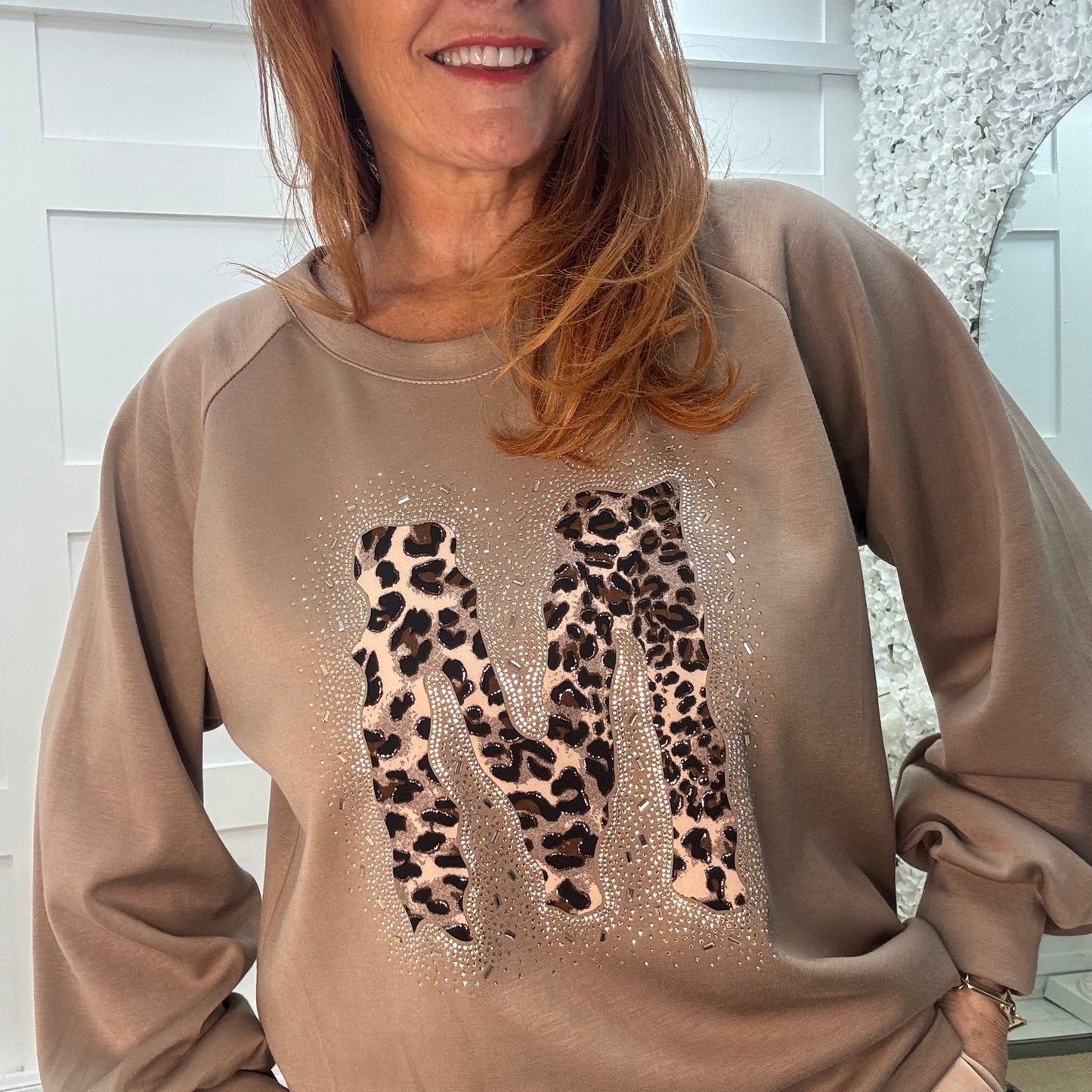 Louisa: Taupe leopard print M logo sweatshirt. One size: 12-18