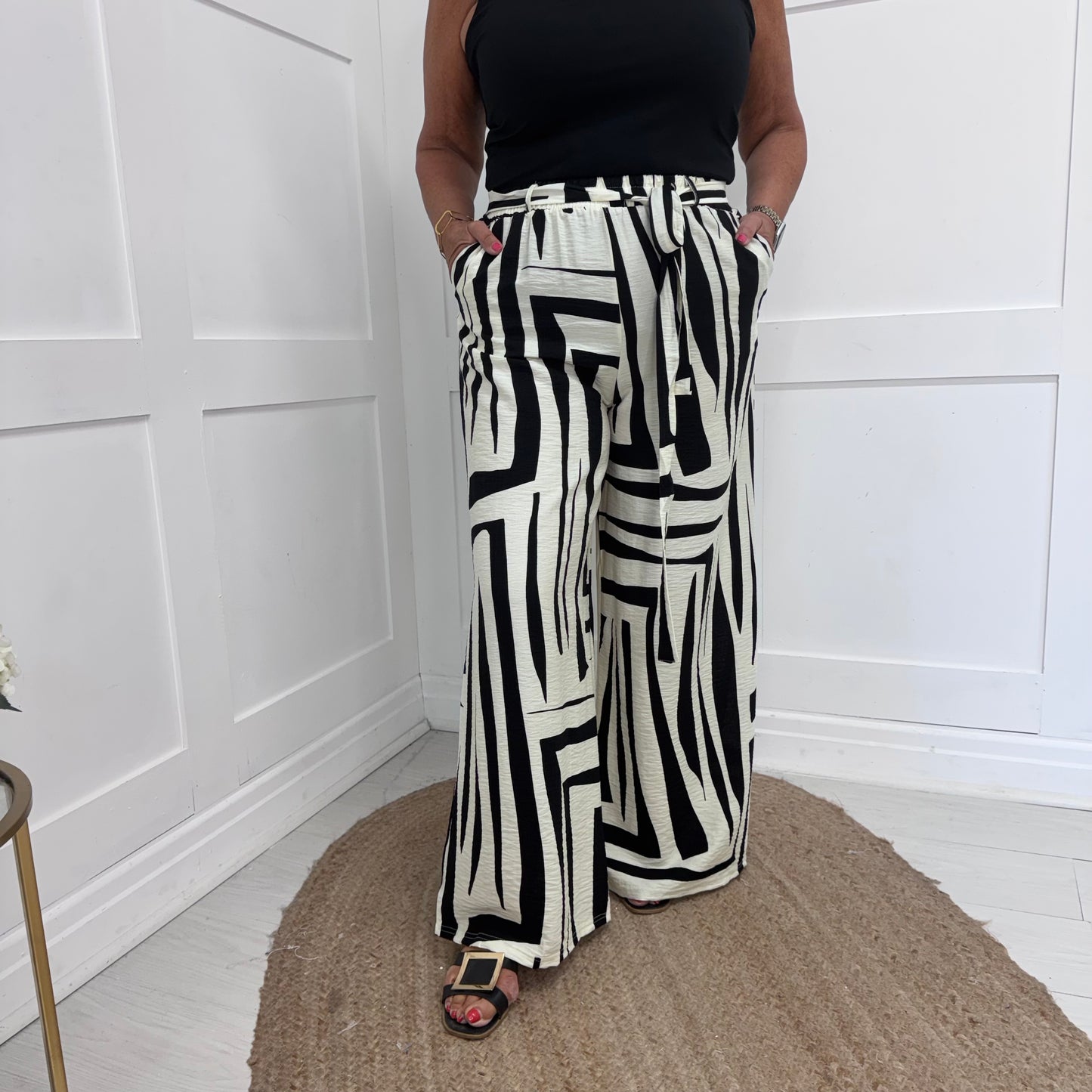 Becki: Black & cream abstract wide trousers. One size: 12-16