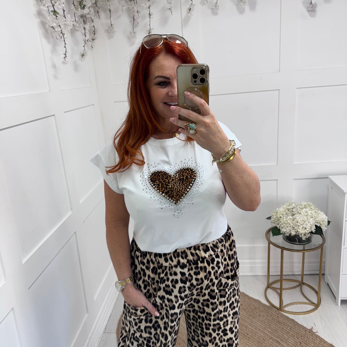 Bobbie: Leopard print diamanté’ heart T shirt. 2 sizes