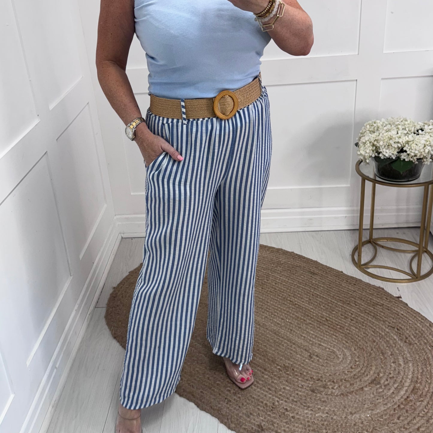 Tiff: Blue stripe wide leg belted trousers. One size: 8-14