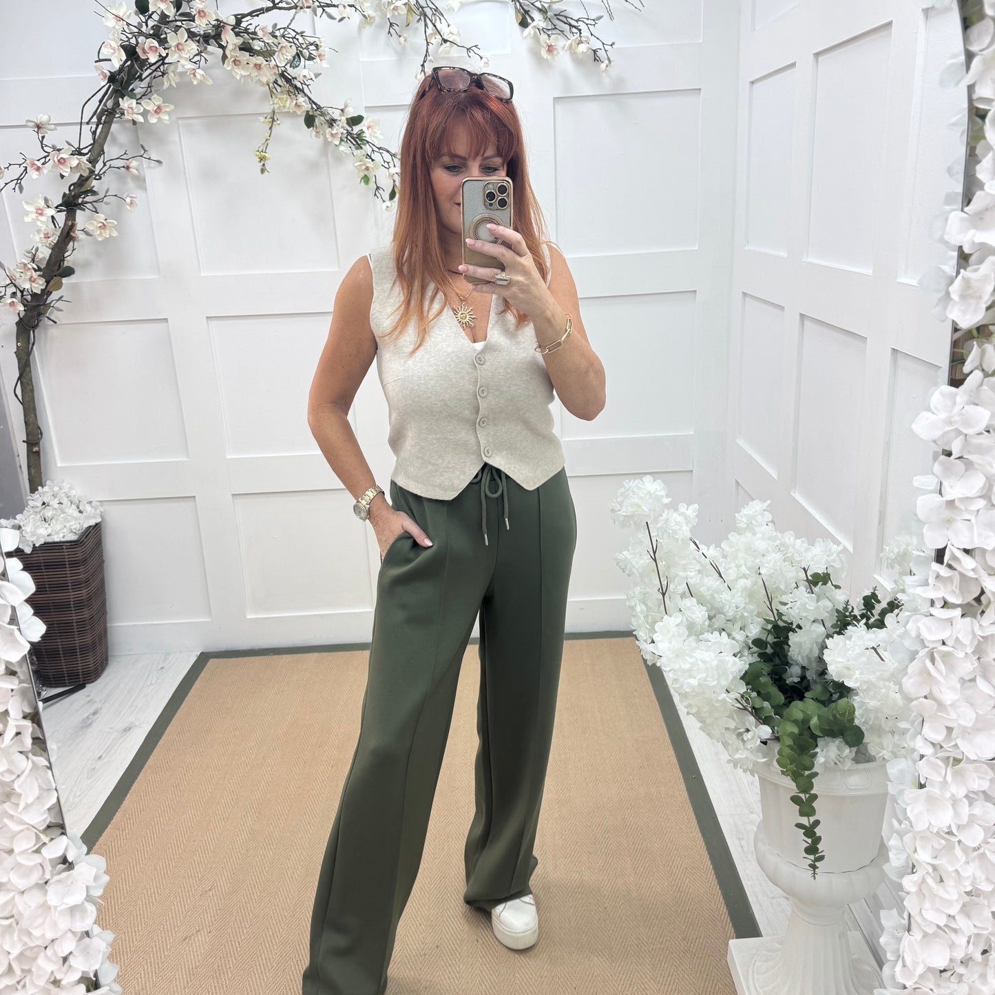 Trudy: Khaki stretchy wide leg pocket trousers. 2 sizes