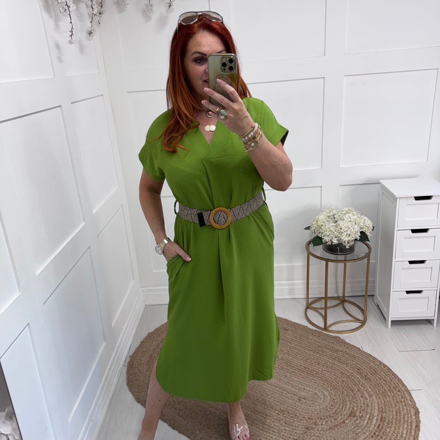Azora: Apple green V neck belted midi dress. One size 10-18