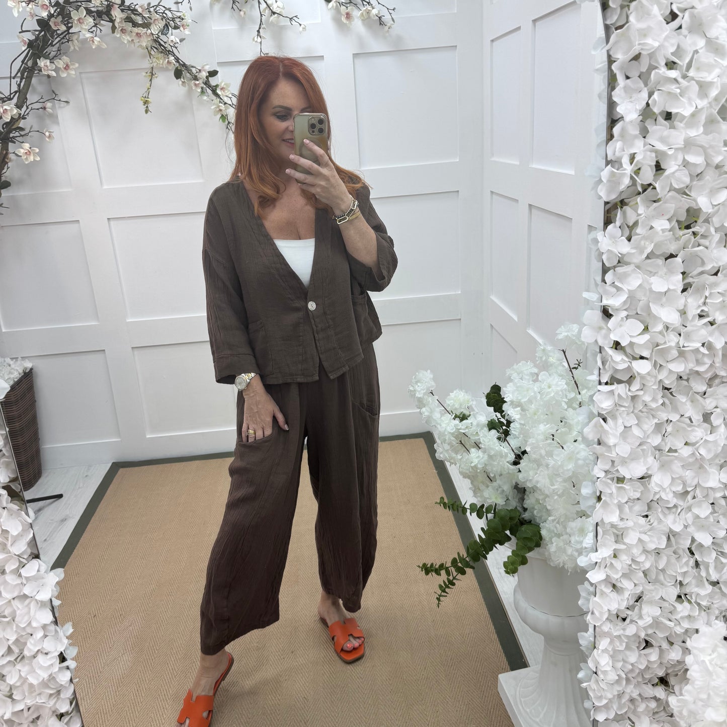 Kelsey: Brown jacket & trouser co-ord set. One size: 14-20/22